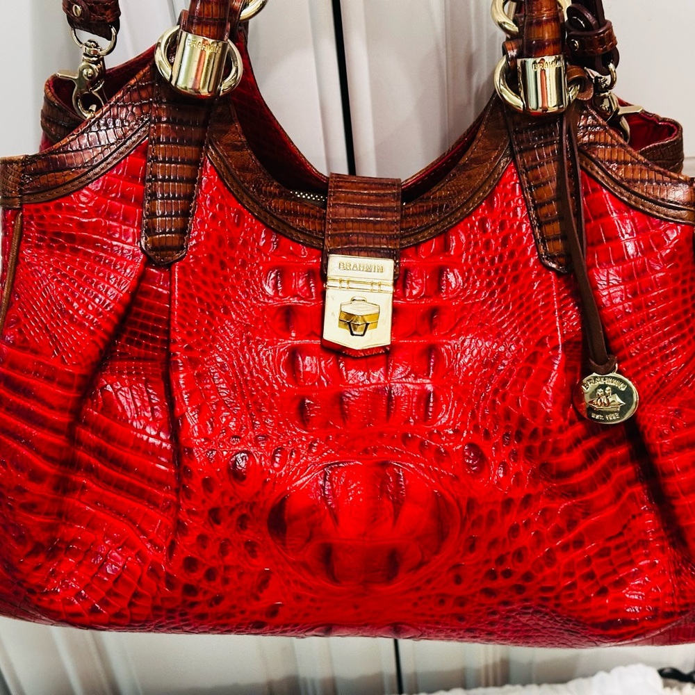 Brahmin Red Croc-Embossed Satchel with Brown Trim